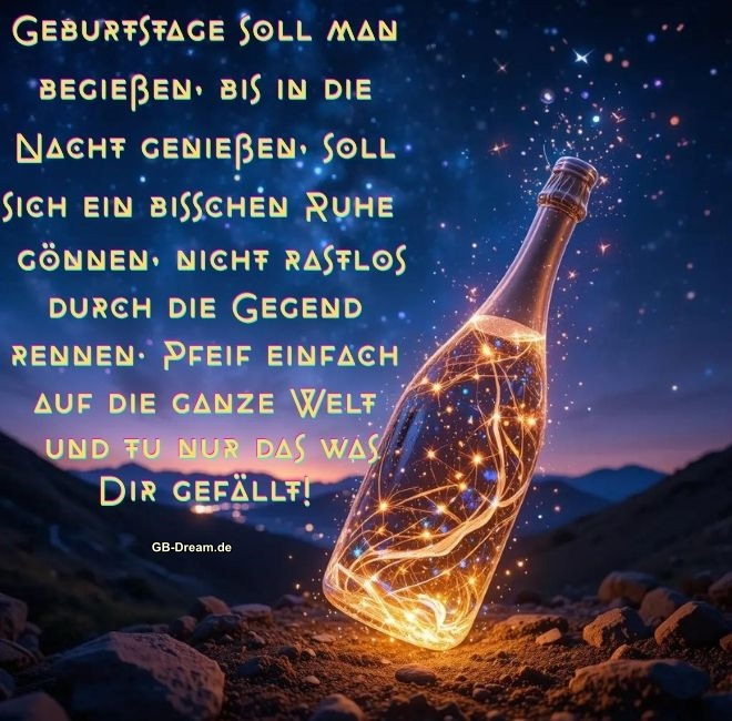 Geburstage soll man begießen, bis in die Nacht genießen, soll sich ein bißchen Ruhe  <br />
gönnen, nicht rastlos durch die Gegend rennen. Pfeif einfach auf die ganze Welt<br />
und tu nur das was Dir gefällt!