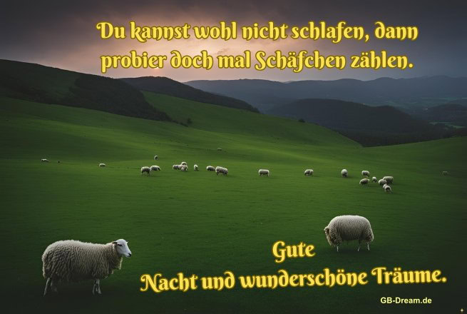 Du kannst wohl nicht schlafen, dann probier doch mal Schäfchen zählen. Gute<br />
Nacht und wunderschöne Träume.
