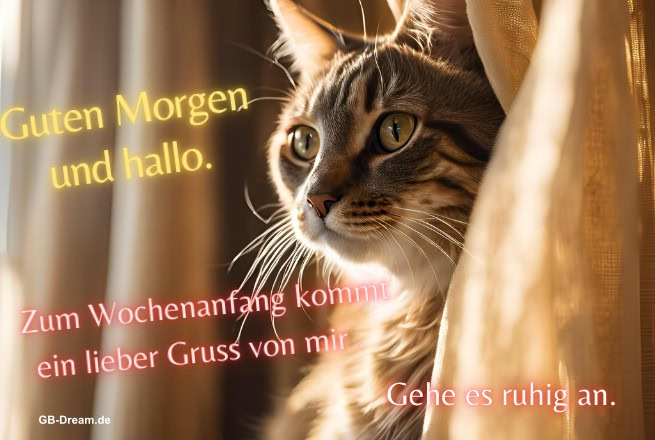 Guten Morgen und hallo. Zum Wochenanfang kommt ein lieber Gruss <br />
von mir . Gehe es ruhig an.