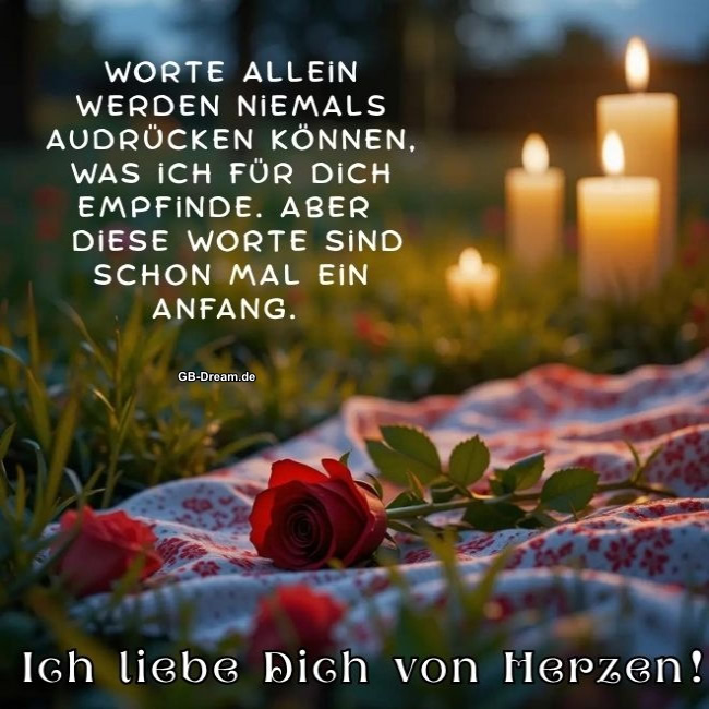 Worte allein werden niemals audrücken können, was ich für Dich empfinde. Aber <br />
diese Worte sind schon mal ein Anfang. Ich liebe Dich von Herzen!