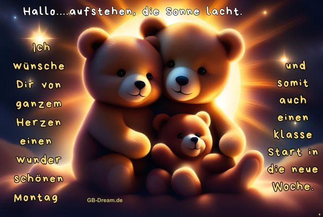Hallo. Aufstehen, die Sonner lacht. Ich wünsche Dir von ganzem Herzen einen <br />
wunderschönen Montag und somit auch einen klasse Start in die neue Woche.