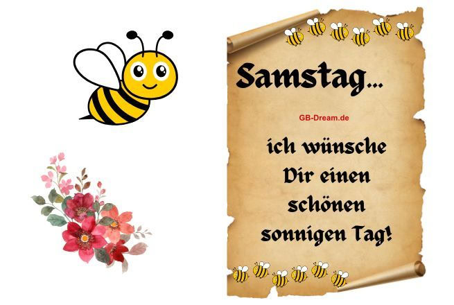 Guten Morgen! Ich wünsche Dir einen schönen Samstag!<br />
Samstag, ich wünsche Dir einen schönen sonnigen Tag!<br />
Ganz liebe Grüße zum Samstag und ein erholsames Wochenende wünsche ich Dir.<br />
Wochenend Sonnenschein, brauchst Du mehr um glücklich zu sein? Einen<br />
schönen Samstag wünsche ich Dir.<br />
Ich wünsche Dir noch einen schönen Samstag und ein mega tolles Wochenende.<br />
Liebe Samstagsgrüße, genieß das Wochenende in vollen Zügen!<br />
Ich wünsche Dir einen erholsamen schönen ruhigen Samstag.