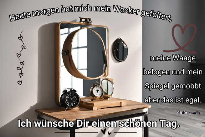 Heute morgen hat mich mein Wecker gefoltert, meine Waage belogen und mein Spiegel gemobbt aber das ist egal. <br />
Ich wünsche Dir einen schönen Tag.