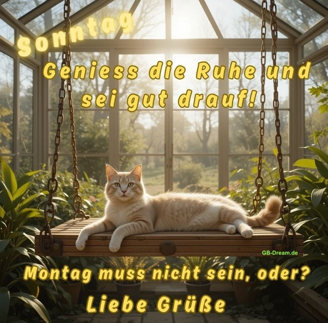 Sonntag, geniesse die Ruhe und sei gut drauf! Montag muss nicht sein, oder? Liebe Grüße.