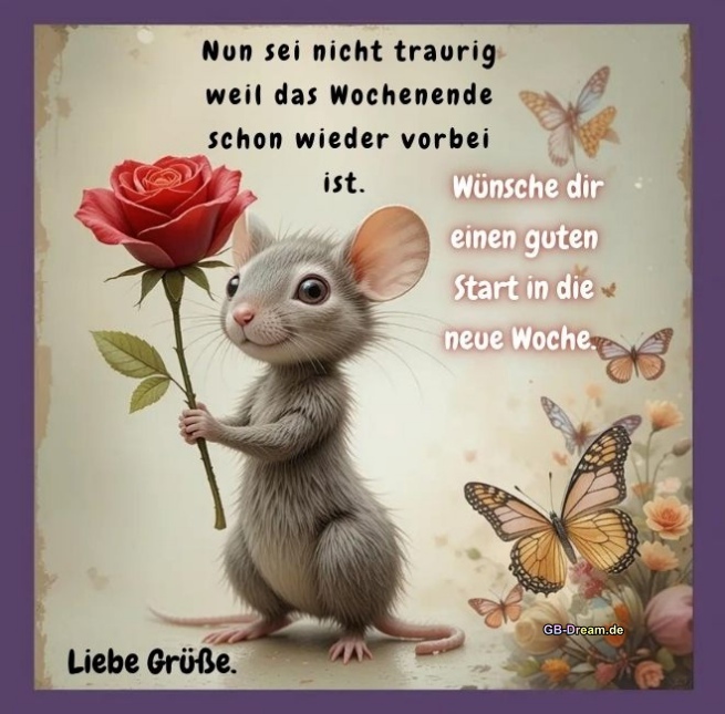Nun sei nicht traurig weil das Wochenende schon wieder vorbei ist. <br />
Wünsche dir einen guten Start in die neue Woche. Liebe Grüße.