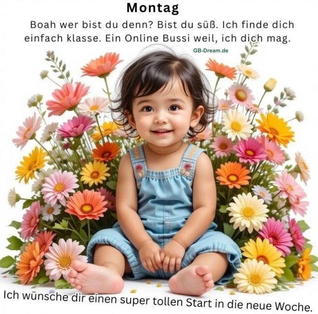 Montag. Boah wer bist du denn? Bist du süß. Ich finde dich einfach klasse. Ein <br />
Online Bussi weil ich dich mag. Ich wünsche dir einen super tollen Start in die<br />
 neue Woche.
