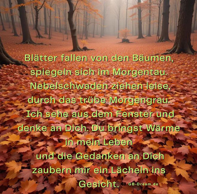 Blätter fallen von den Bäumen, spiegeln sich im Morgentau.<br />
Nebelschwaden ziehen leise, durch das trübe Morgengrau.<br />
Ich sehe aus dem Fenster und denke an Dich. Du bringst Wärme in mein Leben<br />
und die Gedanken an Dich zaubern mir ein Lächeln ins Gesicht.