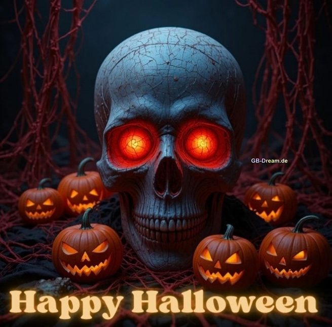 Totenkopf und Kürbisse.