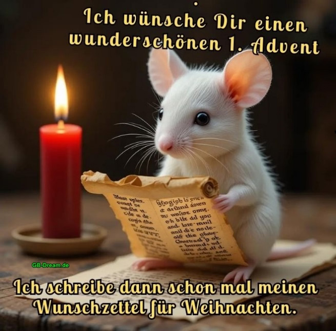 Ich wünsche Dir einen wunderschönen 1. Advent.<br />
Ich schreibe dann schon mal meinen Wunschzettel für Weihnachten.