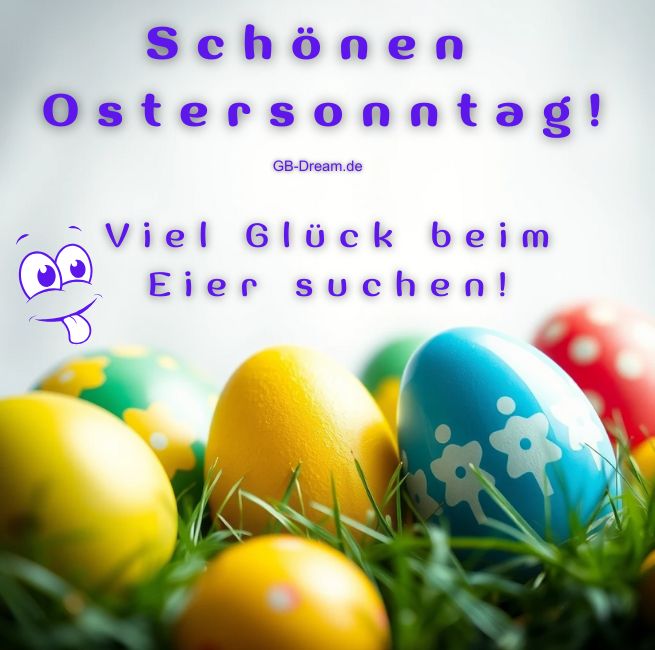 Schönen Ostersonntag! Viel Erfolg beim Eier suchen. Möge der Tag voller Freude und Lachen sein, während Sie die versteckten Schätze im Garten entdecken. Die Sonne scheint warm auf die Erde herab, und der Duft von Frühling liegt in der Luft. Kinder rennen aufgeregt umher, ihre Körbe füllen sich mit bunten Eiern und süßen Überraschungen. Erwachsene genießen die fröhliche Atmosphäre, während sie bei einer Tasse Kaffee oder Tee die Gesellschaft von Familie und Freunden schätzen. Frohe Ostern!