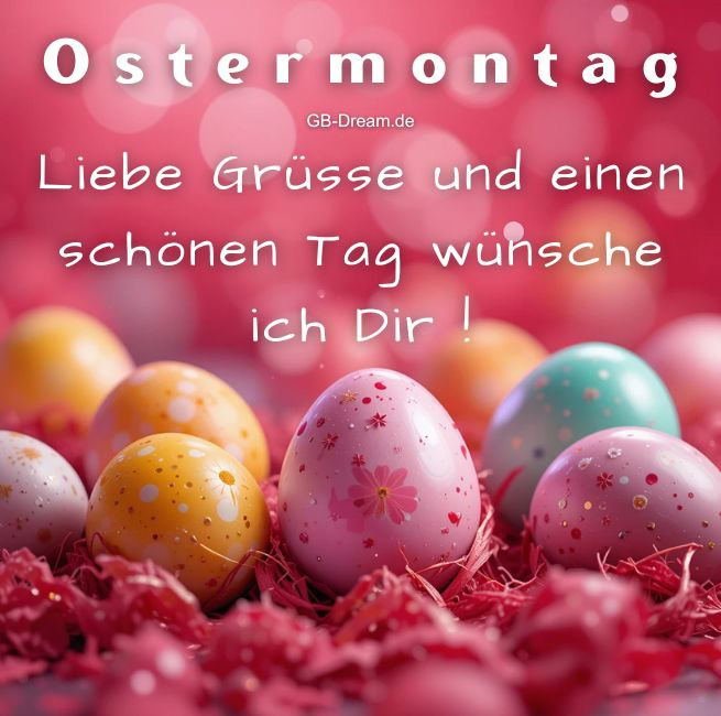 Liebe Grüsse und einen schönen Tag wünsche ich Dir !  Möge dieser Tag voller Freude und Glücksmomente sein. Genieße die Zeit mit deinen Lieben und lass dich von der Frühlingssonne verwöhnen. Frohe Ostern!